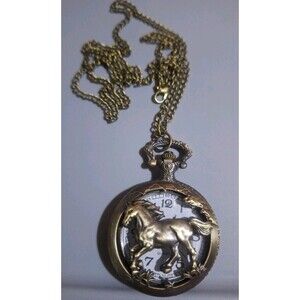 Horse Pocket Watch Necklace 2” Watch 15” Chain Vintage-Style Jewelry Accessory